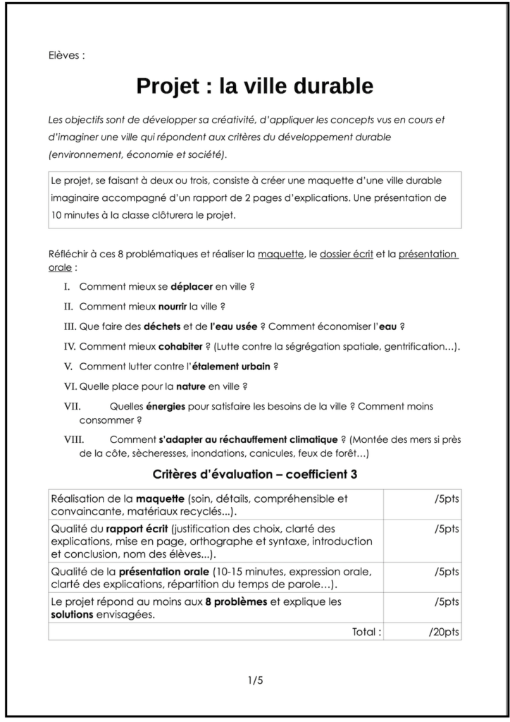 Projet de maquette sur la ville durable en géographie