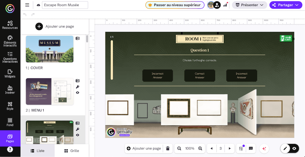 interface de genially pour créer une escape game
