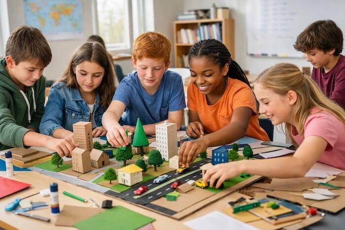 élèves en train de réaliser la maquette d'une ville