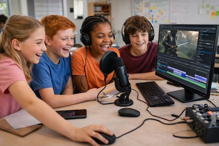 élèves devant un ordinateur en train de travailler sur une parodie de film